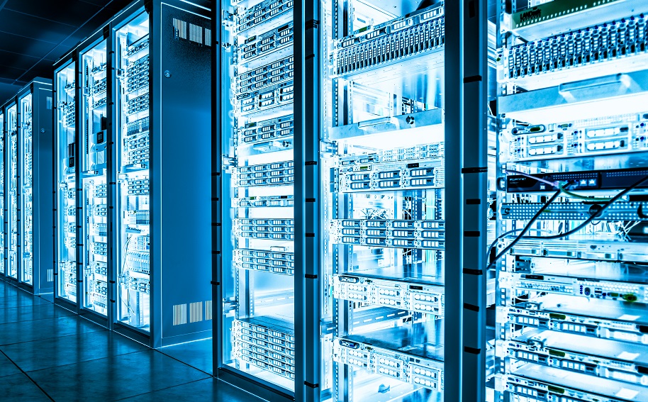 Big data dark server room with bright equipment, Servers in rows on metal shelves in dark cooling room