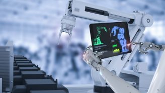 3d rendering cyborg control robot assembly line in car factory